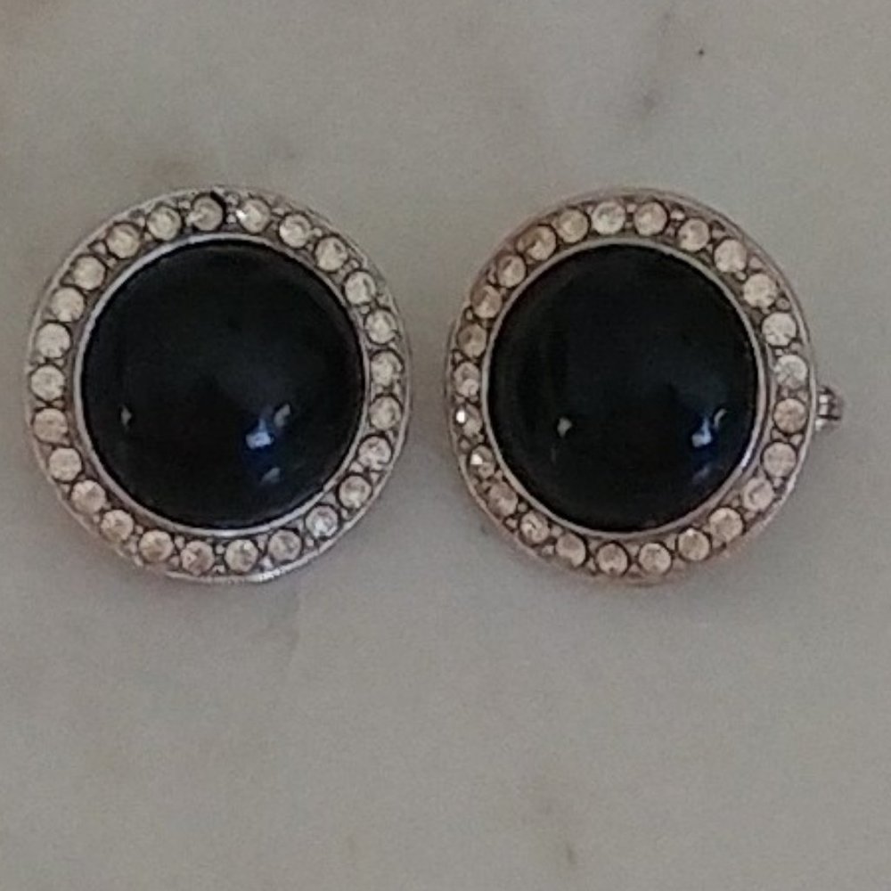 Vintage GJD Circular Black with Rhinestones Clip on Earrings